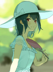 Rule 34 | 1girl, black hair, blurry, blurry background, blush, bow, closed mouth, day, dress, fanning self, frilled dress, frills, from side, green background, hair between eyes, hand fan, hat, hat bow, highres, holding, holding fan, idolmaster, idolmaster shiny colors, looking at viewer, looking to the side, medium hair, morino rinze, narihayao, outdoors, red eyes, see-through, see-through sleeves, shade, short sleeves, smile, solo, summer, sun hat, sundress, sweat, upper body, white bow, white dress, white hat