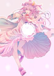 Rule 34 | 1girl, book, coat, crescent, crescent hair ornament, dress, gradient background, hair ornament, hair ribbon, hat, highres, ishikkoro, long hair, long sleeves, looking at viewer, mob cap, open clothes, open coat, open mouth, patchouli knowledge, pink eyes, pink hair, purple eyes, ribbon, solo, striped clothes, striped dress, touhou, tress ribbon, very long hair, wide sleeves