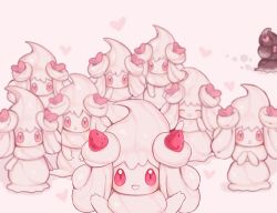 Rule 34 | :d, :o, ^ ^, alcremie, alcremie (love sweet), alcremie (strawberry sweet), alcremie (vanilla cream), aliceyawnin, alternate color, bad id, bad tumblr id, closed eyes, commentary, creature, creatures (company), english commentary, facing viewer, food, fruit, game freak, gen 8 pokemon, happy, looking at viewer, nintendo, no humans, open mouth, pokemon, pokemon (creature), red eyes, shiny and normal, shiny pokemon, simple background, smile, standing, strawberry, too many, white background