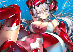 Rule 34 | 10s, 1girl, blush, bodysuit, boots, breasts, cleavage, elbow gloves, female focus, gloves, gradient background, headgear, large breasts, long hair, looking at viewer, pink eyes, red footwear, red thighhighs, senki zesshou symphogear, senki zesshou symphogear gx, silver hair, skin tight, solo, thigh boots, thighhighs, thighs, twintails, yanyo (ogino atsuki), yukine chris