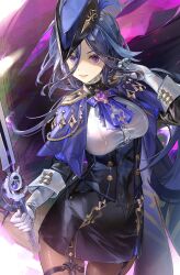 Rule 34 | 1girl, absurdres, arrrrrry1, ascot, black hair, blue hair, breasts, clorinde (genshin impact), corset, genshin impact, gloves, hat, highres, holding, holding weapon, large breasts, long hair, looking at viewer, pantyhose, purple eyes, revision, shirt, solo, sword, tricorne, very long hair, weapon, white gloves, white shirt