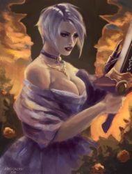 Rule 34 | 1girl, airbrush (medium), alternate costume, bandai namco, bare shoulders, breasts, choker, cleavage, dress, gauntlets, highres, holding, holding weapon, isabella valentine, jared calder, jewelry, lipstick, necklace, purple lips, short hair, silver hair, solo, soul calibur, soul edge, sword, weapon