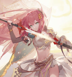 Rule 34 | 1girl, breasts, brown gloves, cleavage, closed mouth, fingerless gloves, gloves, green eyes, hair ornament, highres, holding, holding sword, holding weapon, long hair, looking at viewer, navel, orange hair, original, sheath, shigeru do dai ga cha, shirt, short sleeves, skirt, smile, solo, sword, unsheathing, weapon, white shirt, white skirt