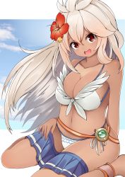 Rule 34 | 10s, 1girl, :o, amulet, anklet, arm behind back, bare arms, bare shoulders, barefoot, belt, bikini, blonde hair, blue skirt, blue sky, border, breasts, cleavage, clothes pull, cloud, cloudy sky, collarbone, dark-skinned female, dark skin, day, eyes visible through hair, flower, front-tie bikini top, front-tie top, gem, granblue fantasy, hair between eyes, hair flower, hair ornament, hand on own thigh, hand on thigh, happy, hibiscus, hidaka0503, highres, jewelry, large breasts, light brown hair, long hair, looking at viewer, microskirt, navel, open mouth, outside border, parted bangs, pleated skirt, plump, pointy hair, print bikini, raised eyebrows, red eyes, red flower, ribbon, side-tie bikini bottom, sideboob, sitting, skirt, skirt pull, sky, smile, solo, stomach, strap, string bikini, striped clothes, striped skirt, swimsuit, teeth, thighs, undressing, wariza, white bikini, white border, wind, wind lift, zooey (granblue fantasy), zooey (summer) (granblue fantasy)