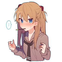 Rule 34 | ..., 1girl, blue eyes, blue outline, blush, brown hair, brown neckwear, brown sailor collar, brown shirt, cropped torso, food, food in mouth, hair between eyes, hands up, ikeuchi tanuma, long hair, long sleeves, looking at viewer, mouth hold, neon genesis evangelion, outline, pocky, sailor collar, shirt, simple background, solo, souryuu asuka langley, spoken ellipsis, sweat, white background
