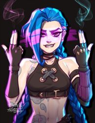 1girl arcane:_league_of_legends arcane_jinx artist_name bad_id bad_twitter_id bare_shoulders belt black_background blue_hair blue_nails blushyspicy braid breasts brown_belt brown_shirt cloud_tattoo commentary crop_top double_finger_gun english_commentary finger_gun highres jinx_(league_of_legends) league_of_legends long_hair medium_breasts nail_polish navel pink_nails revision shirt shoulder_tattoo smile solo steam stomach_tattoo tattoo twin_braids very_long_hair