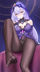 Rule 34 | 1girl, absurdres, bare shoulders, black gloves, black pantyhose, black swan (honkai: star rail), breasts, card, cleavage, covered navel, dress, elbow gloves, feet, foreshortening, gloves, highres, holding, honkai: star rail, honkai (series), karsa, large breasts, long hair, looking at viewer, pantyhose, presenting foot, purple dress, purple eyes, purple hair, sleeveless, sleeveless dress, smile, solo, thighs, toes, veil, very long hair, yellow eyes