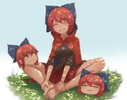 Rule 34 | 1girl, :3, :d, ahoge, barefoot, black shirt, blue bow, bow, cloak, closed eyes, disembodied head, full body, grass, hair bow, highres, indian style, multiple heads, open mouth, red eyes, red hair, sekibanki, shirt, short hair, sitting, smile, touhou, yuzu5p4