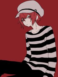 Rule 34 | 1boy, expressionless, green eyes, hat, long sleeves, looking at viewer, maco22, male focus, original, red background, red hair, shirt, short hair, sitting, solo, striped clothes, striped shirt