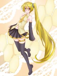 Rule 34 | 1girl, akita neru, blonde hair, chindefu, collared shirt, detached sleeves, full body, hair ornament, hexagon, long hair, long sleeves, midriff, navel, necktie, shirt, side ponytail, sleeveless, sleeveless shirt, sleeves past wrists, solo, thighhighs, twintails, very long hair, vocaloid, yellow eyes, yellow necktie