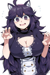 1girl ahoge alternate_breast_size animal_ear_fluff animal_ears blush breasts cat_ears cleavage cleavage_cutout clothing_cutout creatures_(company) dress fake_animal_ears frills game_freak hair_between_eyes hairband headband hex_maniac_(pokemon) highres large_breasts long_dress long_hair messy_hair nintendo open_mouth pokemon pokemon_xy purple_eyes purple_hair purple_hairband purple_headband shimure_(460) solo very_long_hair white_background wide-eyed