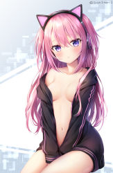Rule 34 | 1girl, animal ear headphones, animal ears, between legs, black jacket, blush, breasts, cat ear headphones, closed mouth, collarbone, commentary request, fake animal ears, hair between eyes, hand between legs, headphones, jacket, long hair, looking at viewer, no bra, off shoulder, open clothes, original, pink hair, purple eyes, sidelocks, sitting, small breasts, solo, suyamori, twitter username, two side up
