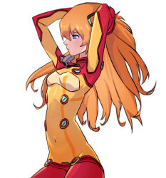 Rule 34 | 1girl, blue eyes, blush, bodysuit, breasts, brown hair, evangelion: 2.0 you can (not) advance, hair ornament, hands in hair, highres, long hair, neon genesis evangelion, plugsuit, rebuild of evangelion, red bodysuit, see-through, see-through bodysuit, simple background, small breasts, solo, souryuu asuka langley, test plugsuit, very long hair, wide hips