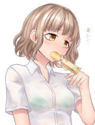 Rule 34 | blonde hair, blunt bangs, bra, brown eyes, commentary request, eating, food, green bra, highres, neit ni sei, open collar, original, see-through, shirt, short hair, short sleeves, solo, sweat, translation request, umaibou, underwear, upper body, wet, wet clothes, wet shirt, white shirt