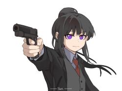 Rule 34 | 1girl, black hair, black jacket, chinese commentary, closed mouth, collared shirt, commentary request, glaring, grey vest, gun, handgun, highres, holding, holding gun, holding weapon, inoue takina, jacket, long hair, long sleeves, looking at viewer, lycoris recoil, necktie, ponytail, purple eyes, red necktie, shirt, simple background, solo, suit jacket, sunglasses, upper body, vest, waistcoat, weapon, white background, white shirt, yanlingjinshilihuahua