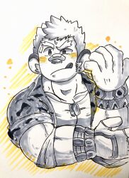 Rule 34 | 1boy, :q, animal ears, bandaid, bandaid on face, bandaid on nose, bara, blush, camouflage, camouflage shirt, character request, cropped torso, deformed, dog tags, facial hair, forked eyebrows, hand up, highres, jaguar ears, looking ahead, lucasuke, male focus, muscular, muscular male, open clothes, open shirt, print shirt, shirt, short hair, sideburns, sideburns stubble, sleeves rolled up, solo, spot color, stubble, thick eyebrows, tokyo houkago summoners, tongue, tongue out, v-shaped eyebrows