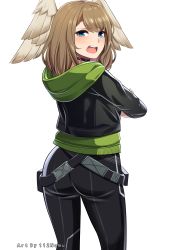 Rule 34 | 1girl, absurdres, annoyed, ass, blue eyes, blush, brown hair, crossed arms, eunie (xenoblade), from behind, head wings, highres, jacket, looking at viewer, looking back, medium hair, namu (112namu), open mouth, pants, shiny clothes, solo, tight clothes, tight pants, wings, xenoblade chronicles (series), xenoblade chronicles 3