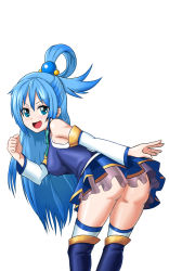 Rule 34 | 1girl, aqua (konosuba), ass, bare shoulders, bent over, blue eyes, blue footwear, blue hair, blue shirt, blue skirt, blush, boots, bow, bowtie, breasts, clenched hand, detached sleeves, female focus, from behind, green bow, green bowtie, hair ornament, hand up, happy, knee boots, kono subarashii sekai ni shukufuku wo!, long hair, looking at viewer, looking back, matching hair/eyes, medium breasts, miniskirt, no panties, open mouth, pleated skirt, see-through, shirt, shougun (chuckni1), simple background, skirt, sleeveless, sleeveless shirt, smile, solo, standing, thighhighs, topknot, white background, white thighhighs