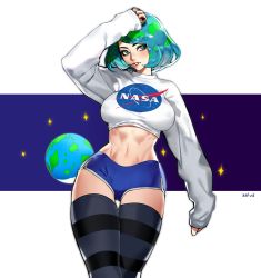 Rule 34 | 1girl, absurdres, aqua hair, arm up, baggy clothes, blue shorts, breasts, cropped sweater, dolphin shorts, earth-chan, earth (planet), freckles, green eyes, green hair, hand on own head, highres, large breasts, looking at viewer, looking to the side, micro shorts, midriff, multicolored hair, nasa, nasa logo, navel, original, parted lips, planet, short shorts, shorts, solo, space, star (symbol), stomach, sweater, thighhighs, two-tone hair, universe, white sweater, wide hips, zelus
