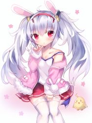 Rule 34 | 1girl, animal, animal ears, azur lane, bird, blush, breasts, camisole, chick, collarbone, commentary request, fur-trimmed jacket, fur trim, hair ornament, hairband, head tilt, highres, jacket, kohaku muro, laffey (azur lane), long hair, long sleeves, off shoulder, open clothes, open jacket, parted lips, pink jacket, pleated skirt, rabbit ears, red eyes, red hairband, red skirt, silver hair, sitting, skirt, sleeves past wrists, small breasts, solo, strap slip, thighhighs, twintails, very long hair, white camisole, white thighhighs