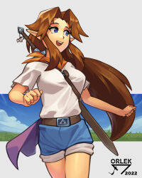 1girl absurdres alternate_costume animal_charm artist_logo between_breasts blue_eyes blue_shorts blue_sky breasts brown_hair commentary dated english_commentary grass highres logo long_hair looking_to_the_side malon nintendo open_mouth orange_scarf orlek pointy_ears purple_sarong sarong scarf shirt short_shorts shorts sky solo strap_between_breasts sword the_legend_of_zelda the_legend_of_zelda:_ocarina_of_time weapon white_shirt