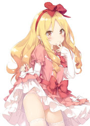 Rule 34 | 10s, 1girl, :&lt;, blonde hair, blush, bow, bowtie, brown eyes, clothes lift, contrapposto, dress, dress lift, drill hair, eromanga sensei, finger to face, hair bow, hairband, kani biimu, layered dress, layered sleeves, lifting own clothes, lolita fashion, long sleeves, panties, pantyshot, pink dress, pink panties, pointy ears, puffy short sleeves, puffy sleeves, red bow, red bowtie, red eyes, red hairband, sash, short over long sleeves, short sleeves, simple background, solo, standing, tareme, thighhighs, thighs, underwear, upskirt, white background, white bow, white thighhighs, yamada elf