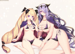 Rule 34 | 2girls, alternate breast size, alternate costume, bare legs, barefoot, bed, bikini, black bow, blonde hair, bow, breasts, camilla (fire emblem), cape, cleavage, commentary request, drill hair, earrings, elise (fire emblem), fire emblem, fire emblem fates, hair bow, hair over one eye, highres, horns, jewelry, kashiwamochi yomogi, kneeling, large breasts, light blush, long hair, looking at viewer, medium breasts, multiple girls, navel, nintendo, pillow, purple bikini, purple eyes, purple hair, siblings, side-tie bikini bottom, sideboob, simple background, sisters, skindentation, smile, stomach, swimsuit, tiara, twin drills, twintails, underboob, very long hair, wavy hair