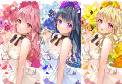 Rule 34 | 3girls, :d, :o, bare arms, bare shoulders, black bow, black choker, black hair, blonde hair, blush, bow, breasts, brown flower, choker, cleavage, closed mouth, commentary request, covered navel, dress, flower, hair flower, hair ornament, highres, holding, holding flower, holding syringe, long hair, medium breasts, multiple girls, open mouth, original, parted lips, pink eyes, pink flower, pink hair, puracotte, purple eyes, purple flower, red flower, signature, smile, strapless, strapless dress, syringe, very long hair, white dress, yellow flower