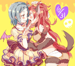 Rule 34 | 10s, 2girls, alternate hairstyle, angry, animal ears, ass, bad id, bad pixiv id, blush, braid, comic, dated, demon wings, dress, finger to mouth, fur trim, grabbing another&#039;s hair, halloween, halloween costume, heart, light smile, long hair, mahou shoujo madoka magica, mahou shoujo madoka magica (anime), miki sayaka, multiple girls, nochita shin, open mouth, parted lips, red hair, sakura kyoko, shorts, simple background, sketch, skull, standing, strapless, tail, teasing, tube top, wings, yellow background, yuri