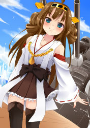 Rule 34 | 10s, 1girl, bad id, bad pixiv id, bare shoulders, black thighhighs, blue eyes, blue sky, blush, boots, breasts, brown hair, cloud, day, detached sleeves, double bun, hair bun, hair ornament, hairband, headgear, highres, historical name connection, japanese clothes, kantai collection, kongou (battleship), kongou (kancolle), long hair, medium breasts, miko, name connection, nontraditional miko, object namesake, open mouth, personification, ribbon-trimmed sleeves, ribbon trim, ship, skirt, sky, smile, solo, thigh boots, thighhighs, wakamizu, watercraft, wide sleeves