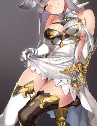 Rule 34 | 1girl, 92m, :d, animal ears, arm at side, asymmetrical clothes, asymmetrical legwear, bare shoulders, blunt bangs, blush, breasts, clothes lift, collarbone, come hither, commentary request, dress, dress lift, easel, elbow gloves, erune, gloves, granblue fantasy, grey eyes, highres, korwa, lifted by self, long hair, looking at viewer, medium breasts, mismatched legwear, open mouth, parted lips, pink lips, quill, seductive smile, showgirl skirt, sidelocks, silver hair, sitting, skindentation, skirt, skirt lift, smile, solo, stool, teeth, thighhighs, thighlet, thighs, very long hair