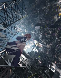 Rule 34 | 1girl, absurdres, building, cityscape, closed mouth, commentary, from above, full body, highres, houtei9, lights, neon lights, orange hair, original, outdoors, pointy nose, red eyes, scenery, short hair, skyscraper, solo, squatting, unfinished