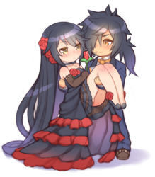 Rule 34 | 1boy, 1girl, absurdly long hair, alternate costume, ankle flower, bad id, bad pixiv id, bare legs, bare shoulders, black dress, black footwear, black gloves, black hair, blush, carrying, closed mouth, couple, dress, elbow gloves, flower, folks (nabokof), formal, gloves, hair over one eye, hetero, holding, holding flower, jitome, layered dress, long hair, looking at another, messy hair, official alternate costume, ponytail, princess carry, red flower, red rose, rokurou rangetsu, rose, shoes, simple background, smile, strapless, strapless dress, suit, tales of (series), tales of berseria, velvet crowe, very long hair, white background, yellow eyes