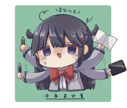 Rule 34 | 1girl, @ @, absurdres, ai ai gasa, arms up, black hair, blush, border, bow, bowtie, breast pocket, cellphone, chibi, collared shirt, commentary request, cropped torso, crying, crying with eyes open, daua history, extra arms, green background, grey jacket, hands up, highres, holding, holding notebook, holding pen, holding pencil, holding phone, jacket, long hair, long sleeves, looking at viewer, messy hair, motion lines, nib pen (object), nose blush, notebook, open mouth, outstretched arms, pen, pencil, phone, pocket, purple eyes, red bow, red bowtie, school uniform, seishou music academy uniform, shirt, shoujo kageki revue starlight, sidelocks, simple background, smartphone, solo, tears, translation request, tsuyuzaki mahiru, two side up, upper body, white border, white shirt