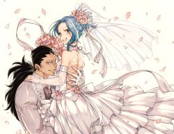 Rule 34 | 1boy, 1girl, blue hair, bouquet, brown eyes, detached sleeves, dress, ear piercing, fairy tail, flower, formal, gajeel redfox, grey jacket, grin, hair flower, hair ornament, hand on another&#039;s back, hand on another&#039;s shoulder, holding, holding bouquet, holding person, jacket, layered dress, levy mcgarden, long hair, looking at viewer, nail polish, nose piercing, petals, piercing, pink flower, pink nails, pink rose, ponytail, ribbon, rose, rusky, see-through, signature, simple background, sleeveless, sleeveless dress, smile, wedding dress, white background, white ribbon