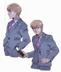 Rule 34 | 1boy, brown hair, cellphone, clenched hand, cropped legs, flip phone, formal, grey pants, grey suit, holding, holding phone, looking at viewer, male focus, mob psycho 100, multiple views, necktie, pants, petitcroc, phone, pink necktie, reigen arataka, short hair, simple background, suit, sweatdrop, white background