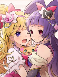 Rule 34 | 2girls, ;d, asahina mirai, bad id, bad pixiv id, bear, black hat, blonde hair, bow, cure magical, cure miracle, earrings, hair bow, hairband, half updo, hat, izayoi liko, jewelry, kyantama land, long hair, looking at viewer, mahou girls precure!, mini hat, mini witch hat, mofurun (mahou girls precure!), multiple girls, one eye closed, open mouth, pink bow, pink eyes, pink hat, ponytail, precure, purple eyes, riko (mahou girls precure!), smile, upper body, white background, witch hat