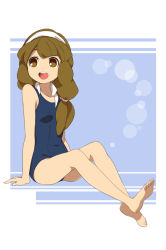 Rule 34 | 1girl, barefoot, brown eyes, brown hair, full body, hairband, highres, inazuma eleven (series), inazuma eleven go, inazuma eleven go chrono stone, long hair, nanobana kinako, no pupils, one-piece swimsuit, open mouth, school swimsuit, sekina, simple background, sitting, solo, swimsuit, white background