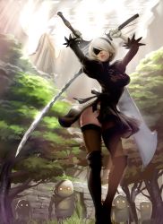 Rule 34 | 1girl, black dress, black thighhighs, blade, blindfold, boots, breasts, closed mouth, day, dress, drone, dual wielding, feather-trimmed sleeves, hairband, holding, holding sword, holding weapon, juliet sleeves, katana, knee boots, long sleeves, medium breasts, mole, mole under eye, nier (series), nier:automata, outdoors, panties, puffy sleeves, rejun, short hair, standing, sunlight, sword, thighhighs, tree, underwear, weapon, white hair, white panties, 2b (nier:automata)