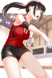 Rule 34 | 1girl, bandaged fingers, bandages, bare shoulders, black hair, black shorts, blurry, blurry background, breasts, brown eyes, commentary request, highres, indoors, kfr, large breasts, long hair, open mouth, original, outside border, ponytail, red shirt, shirt, short shorts, shorts, sleeveless, sleeveless shirt, solo, sportswear, teeth, upper teeth only, yellow eyes