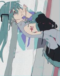 Rule 34 | 1girl, abstract, bare shoulders, black skirt, blue eyes, blue hair, commentary request, covering own mouth, covering privates, danjou sora, detached sleeves, dripping, empty eyes, expressionless, finger to mouth, fingernails, grey background, grey shirt, hair between eyes, hatsune miku, highres, leaning, leaning back, long hair, looking away, number tattoo, own hands together, pleated skirt, profile, shirt, shoulder tattoo, simple background, skirt, sleeveless, sleeveless shirt, solo, straight hair, striped, striped background, tattoo, twintails, vocaloid