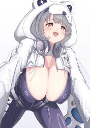 Rule 34 | 1girl, :o, absurdres, animal costume, animal hood, aoi mochio, bear costume, bear hood, bent over, black bodysuit, blush, bodysuit, breasts, brown eyes, cleavage, fur-trimmed hood, fur trim, goddess of victory: nikke, grey hair, headphones, headphones around neck, highres, hood, hood up, huge breasts, long sleeves, mask, mask on head, mole, mole on breast, mole under mouth, neve (nikke), no bra, open bodysuit, open clothes, open mouth, simple background, sleep mask, solo, white background