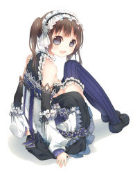 Rule 34 | 1girl, bad id, bad pixiv id, bare shoulders, blue eyes, blue thighhighs, bonnet, brown hair, detached sleeves, female focus, frilled thighhighs, frills, full body, gradient background, open mouth, original, simple background, sitting, solo, striped clothes, striped thighhighs, thighhighs, vertical-striped clothes, vertical-striped thighhighs, white background, yamiko, zettai ryouiki