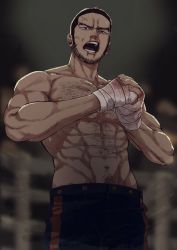 Rule 34 | 1boy, absurdres, bad id, bad pixiv id, bandages, bara, black eyes, black hair, blood, blood on hands, blue pants, chest hair, cowboy shot, facial hair, golden kamuy, hairy, highres, large pectorals, long sideburns, male focus, muscular, muscular male, navel hair, nosebleed, pants, pectorals, short hair, sideburns, solo, stubble, tanigaki genjirou, teeth, thick eyebrows, tonta (tonta1231), topless male