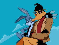 Rule 34 | . ., 2boys, animal ears, arm around shoulder, bugs bunny, cloud, crossed arms, crossed legs, daffy duck, day, fingerless gloves, furry, furry male, glasses, gloves, jacket, looking at viewer, looney tunes, lumise05, male focus, multiple boys, official alternate costume, outdoors, rabbit ears, red sweater, sitting, squatting, sweater, teeth, the looney tunes show, upper teeth only