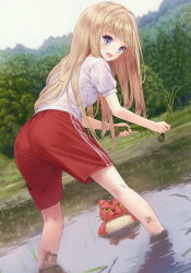 Rule 34 | 1girl, :d, absurdres, ass, bent over, blonde hair, blue eyes, chloe lemaire, day, dirty, dutch angle, forest, from behind, girlfriend (kari), gym shirt, gym shorts, gym uniform, highres, kishida mel, leaning forward, long hair, looking at viewer, looking back, mud, nature, official art, open mouth, outdoors, red shorts, reflection, rice paddy, rice planting, shirt, short sleeves, shorts, sky, smile, solo, standing, striped clothes, striped shorts, vertical-striped clothes, vertical-striped shorts, wading, water, white shirt