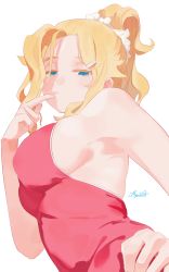 Rule 34 | 1girl, armpits, artist name, blonde hair, breasts, camisole, closed mouth, commentary, english commentary, finger to mouth, hair ornament, hair scrunchie, hairclip, half-closed eyes, hand on own hip, highres, light frown, looking at viewer, medium hair, original, pink shirt, ponytail, ryusei hashida, scrunchie, shirt, sideboob, signature, skindentation, solo, upper body, white scrunchie