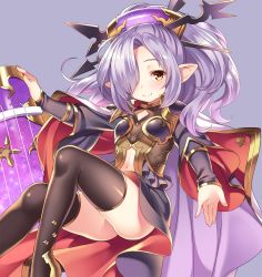 Rule 34 | 10s, 1girl, black thighhighs, boots, closed mouth, granblue fantasy, hair over one eye, harvin, niyon (granblue fantasy), outstretched arm, pointy ears, purple background, shouni (sato3), simple background, smile, solo, star (symbol), thigh boots, thighhighs, yellow eyes