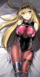 Rule 34 | 1girl, arms behind back, bare shoulders, bdsm, black leotard, blonde hair, bondage, bound, bound arms, bound legs, breasts, brown pantyhose, chain, dated, detached sleeves, from above, hair between eyes, head tilt, highres, large breasts, leotard, light particles, long hair, looking at viewer, lying, on back, open mouth, pantyhose, shade, sheita, shibari, shibari over clothes, shiny clothes, signature, smile, soccer spirits, solo, thigh gap, tiara, uranus (soccer spirits), very long hair, yellow eyes