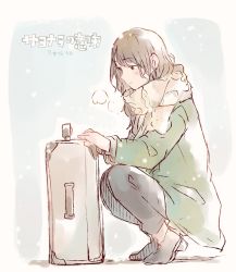 Rule 34 | 1girl, black footwear, black pants, blush, breath, brown hair, coat, commentary request, earrings, green coat, group name, hashimoto nanami, jewelry, long hair, long sleeves, nogizaka46, pale color, pants, real life, scarf, shoes, smile, snowing, solo, squatting, suitcase, taneda yuuta, translation request, winter clothes